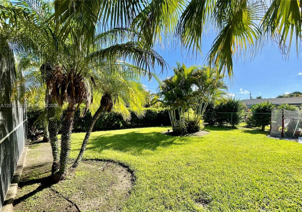 to the right side of pool and patio.