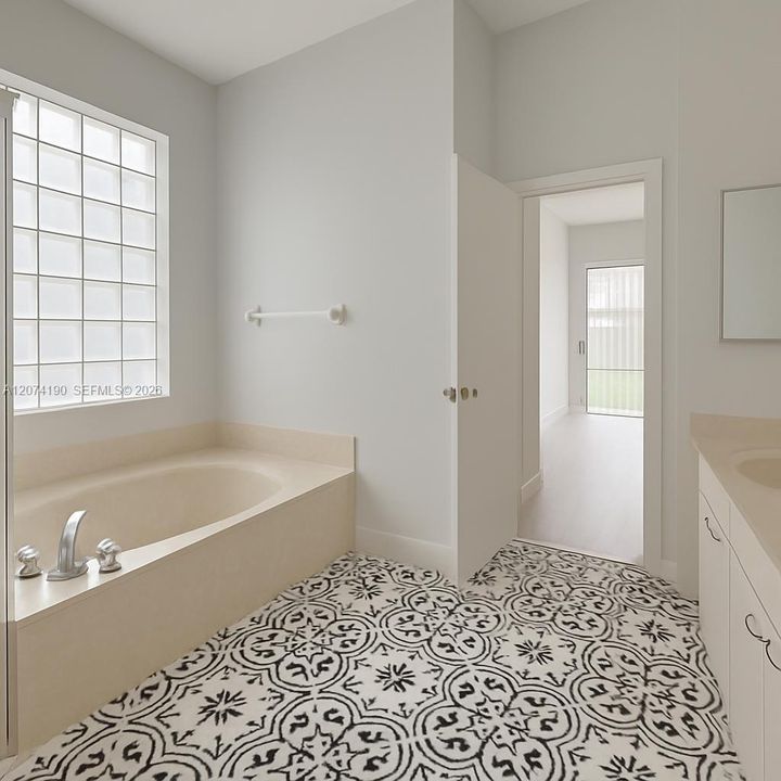 Main bathroom staged/ floor similar to the one is updated with
