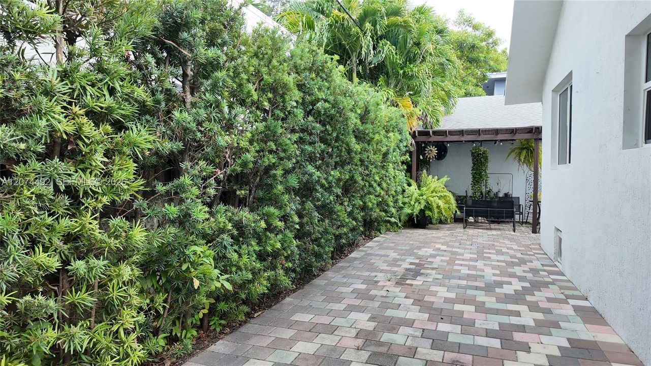 a surprisingly large paved courtyard surrounded by mature tropical landscaping.