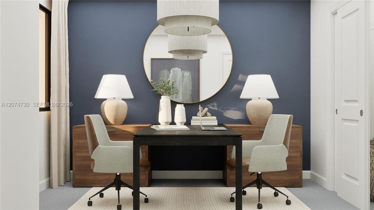 Either of the two secondary bedrooms can be transformed into a custom office for remote work, as it’s furnished here.