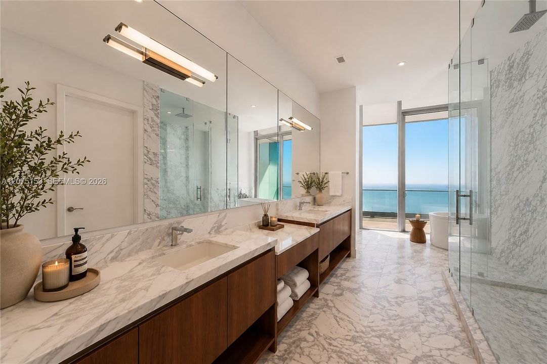 Primary Bathroom. UNA Residences Brickell. One or more photos have been virtually staged.