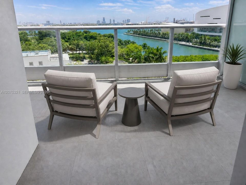 View to the Miami Heat arena, Museum Park, Perez Art Museum, Frost Museum and the Port of Miami.