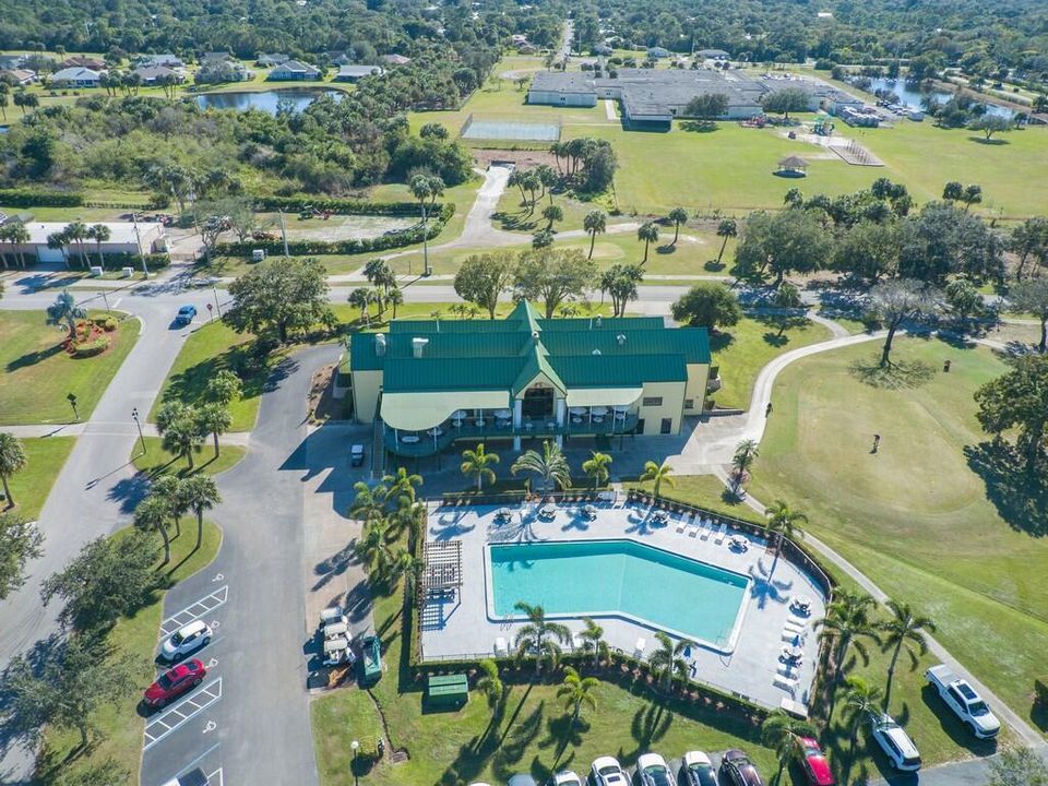 Aerial view of clubhouse and pool