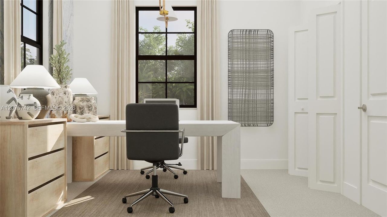 Styled as an office, this bedroom supports at-home workdays.