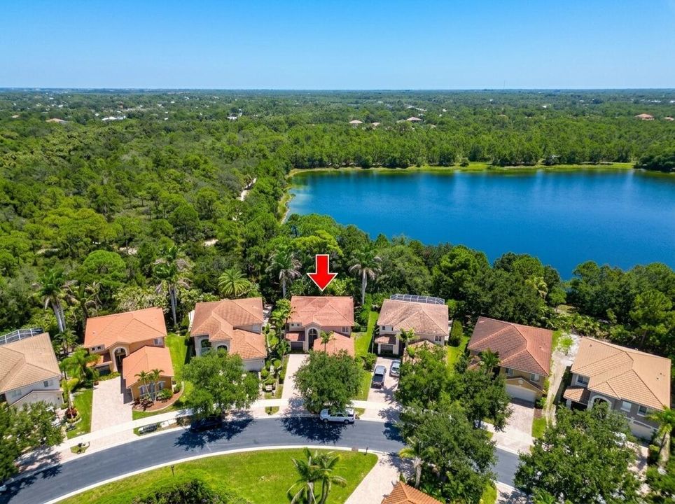 Aerial red arrow with lake
