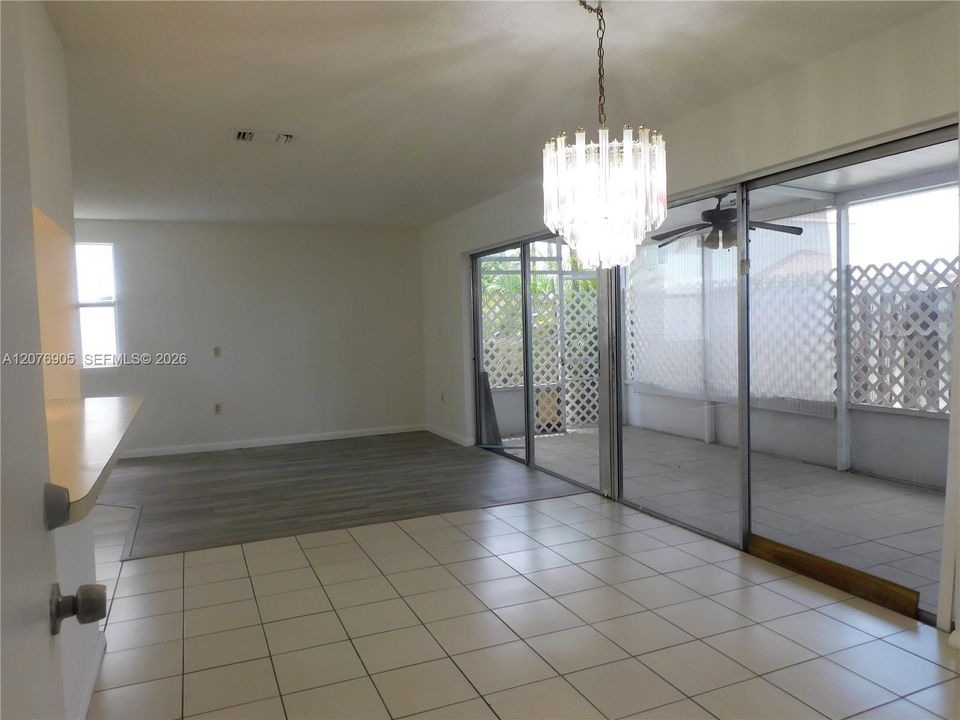 Dining room view to Living area and Covered terrace.