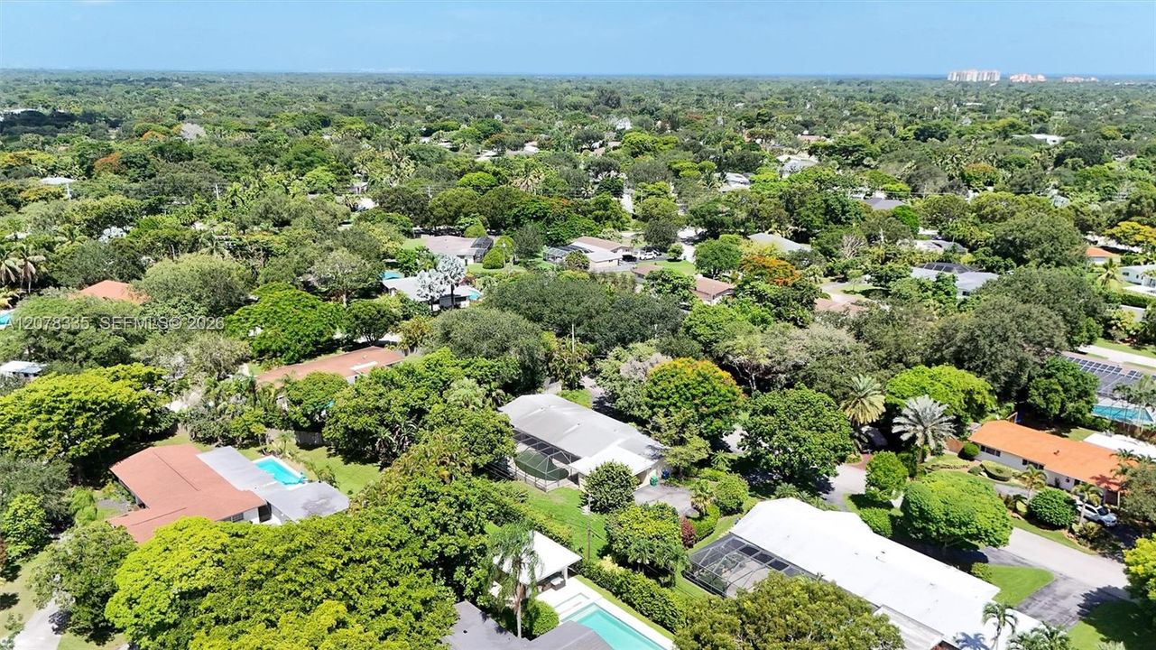 Drone shot capturing the property's rooftop, lot size, and surrounding tree canopy.