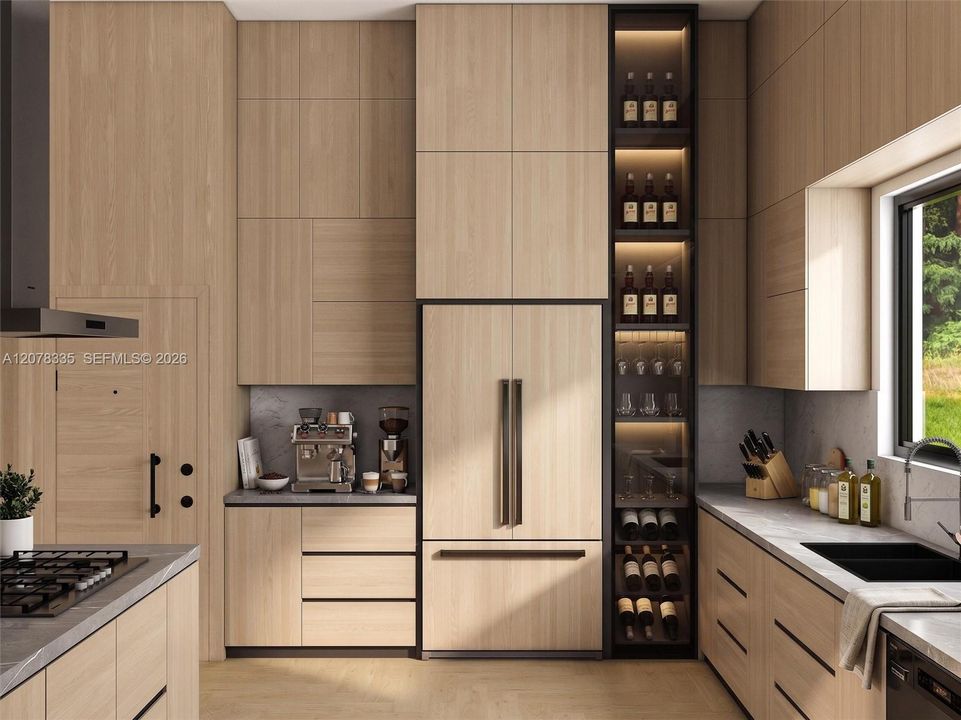 Modern kitchen featuring custom wood cabinetry, integrated wine storage, and premium appliances.