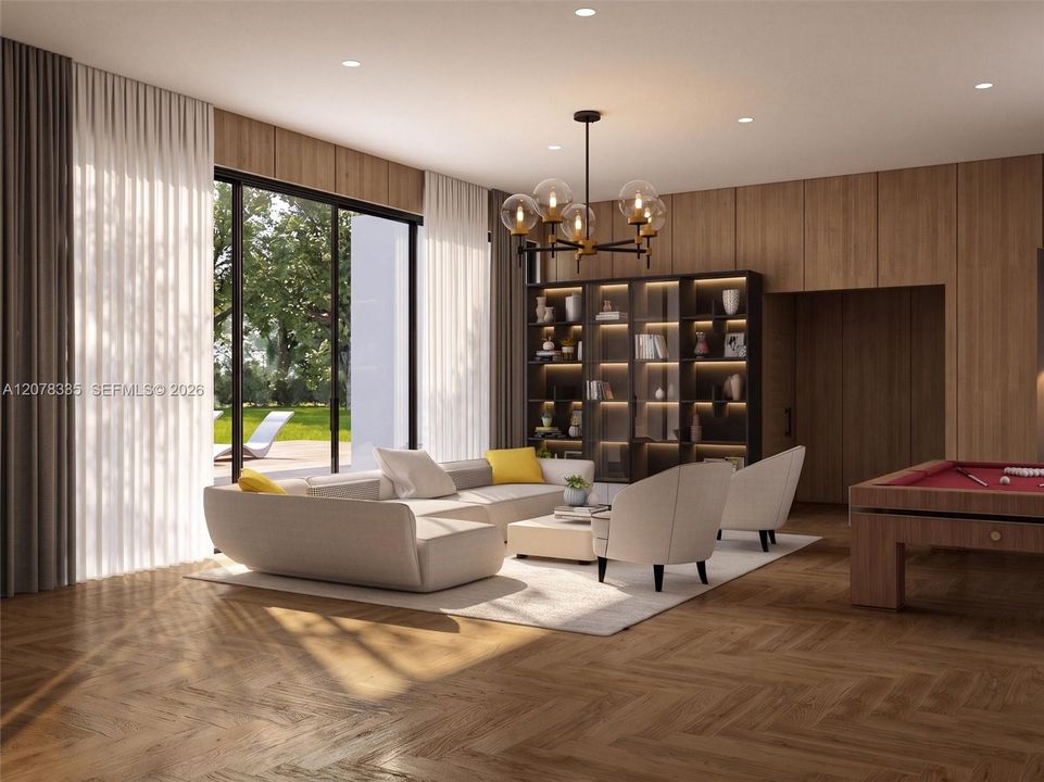 Cozy living room featuring plush seating, warm wood flooring, and expansive glass walls.