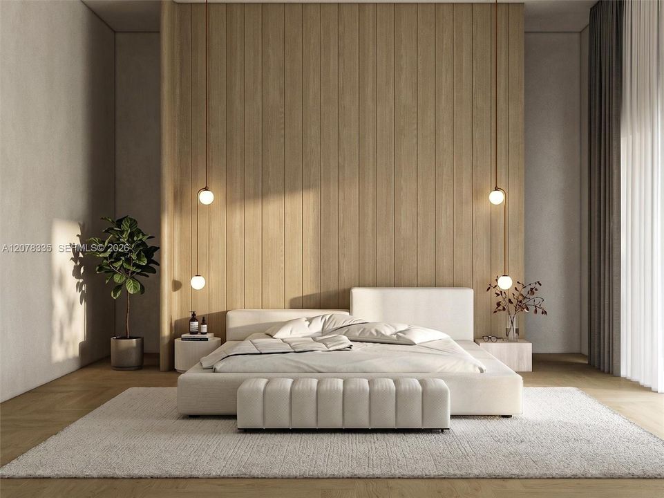 Tranquil bedroom with neutral tones, upholstered headboard, and tasteful modern decor.
