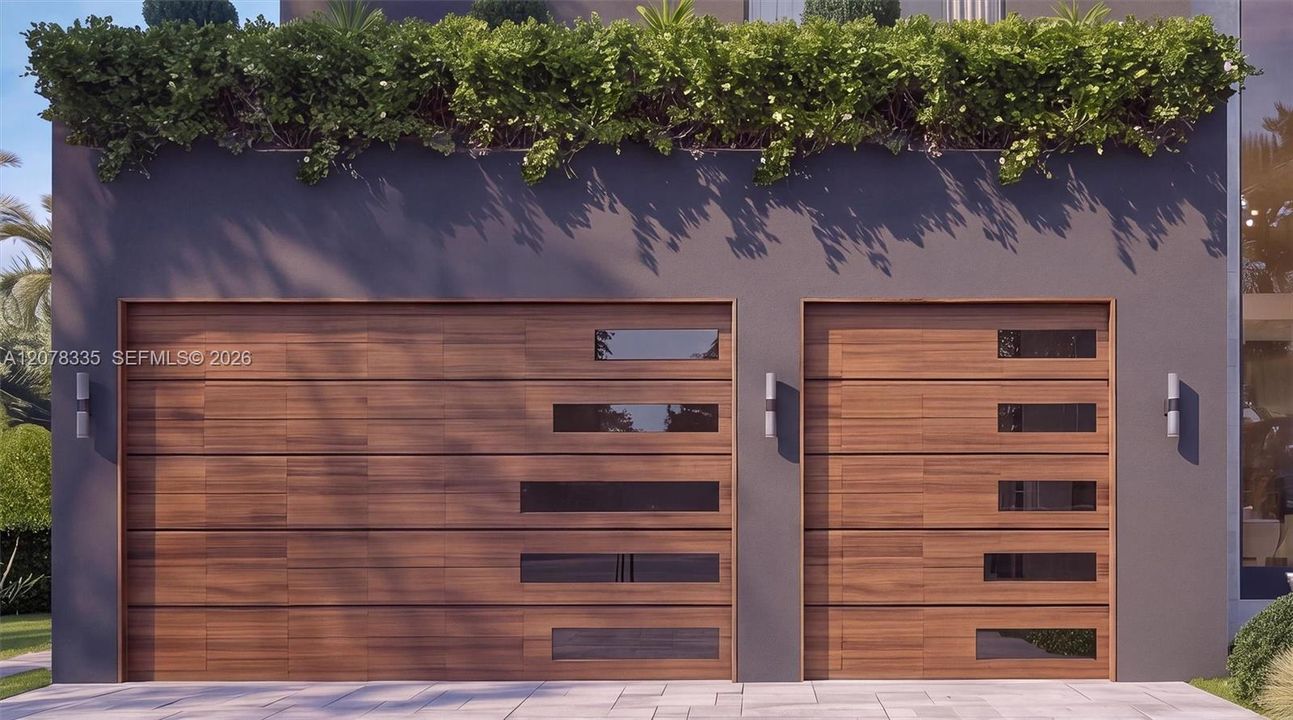 Detailed view of the wood-paneled garage doors complementing the home's modern facade.