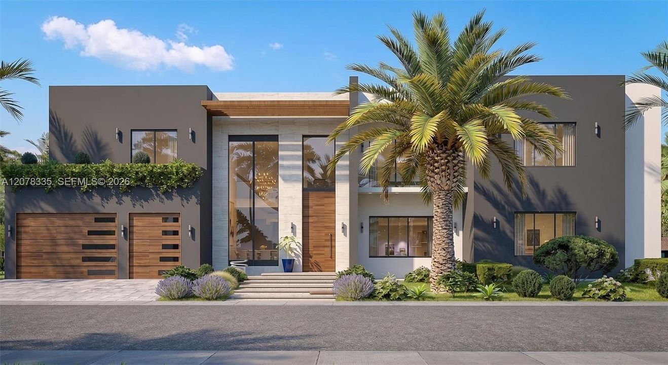 Contemporary front facade with clean lines, mature palm trees, and an inviting entrance walkway.