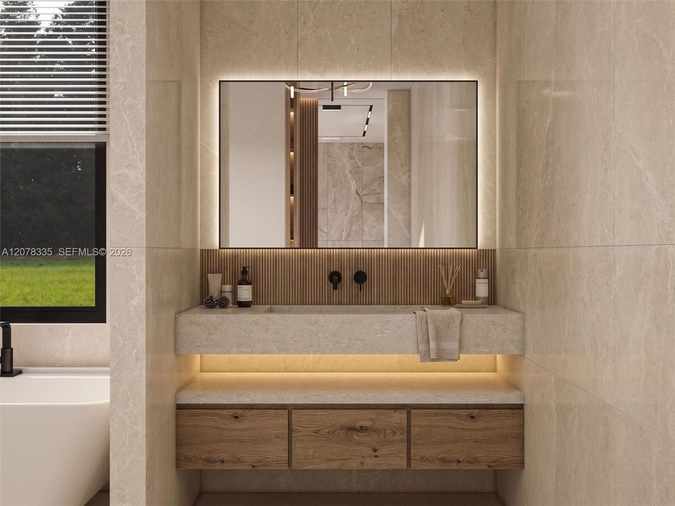 Spa-inspired primary bathroom with backlit mirror, floating wood vanity, and modern designer fixtures.