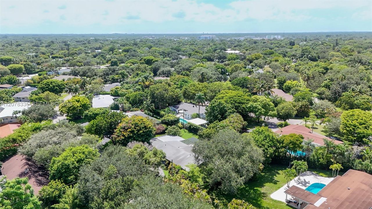 Expansive aerial view showcasing the property's roofline and surrounding green canopy.