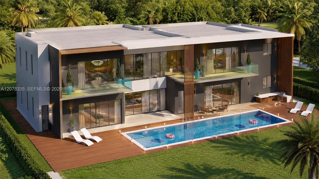 Rear view of the home overlooking a sparkling pool and sleek geometric design.