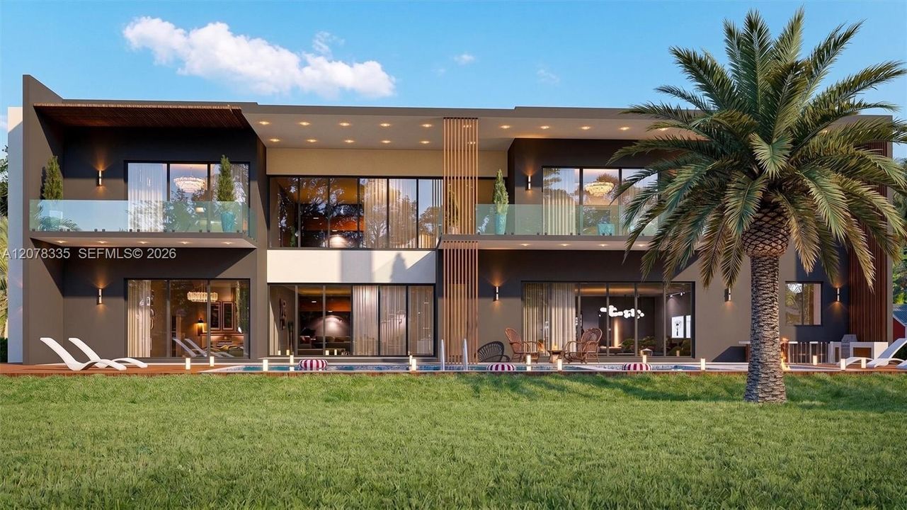 Modern two-story rear exterior featuring expansive glass walls and swaying palm trees.