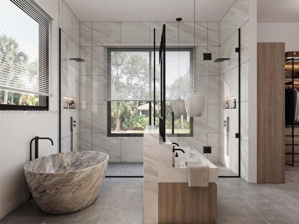 Luxurious bathroom with freestanding soaking tub, glass-enclosed shower, and natural stone finishes.