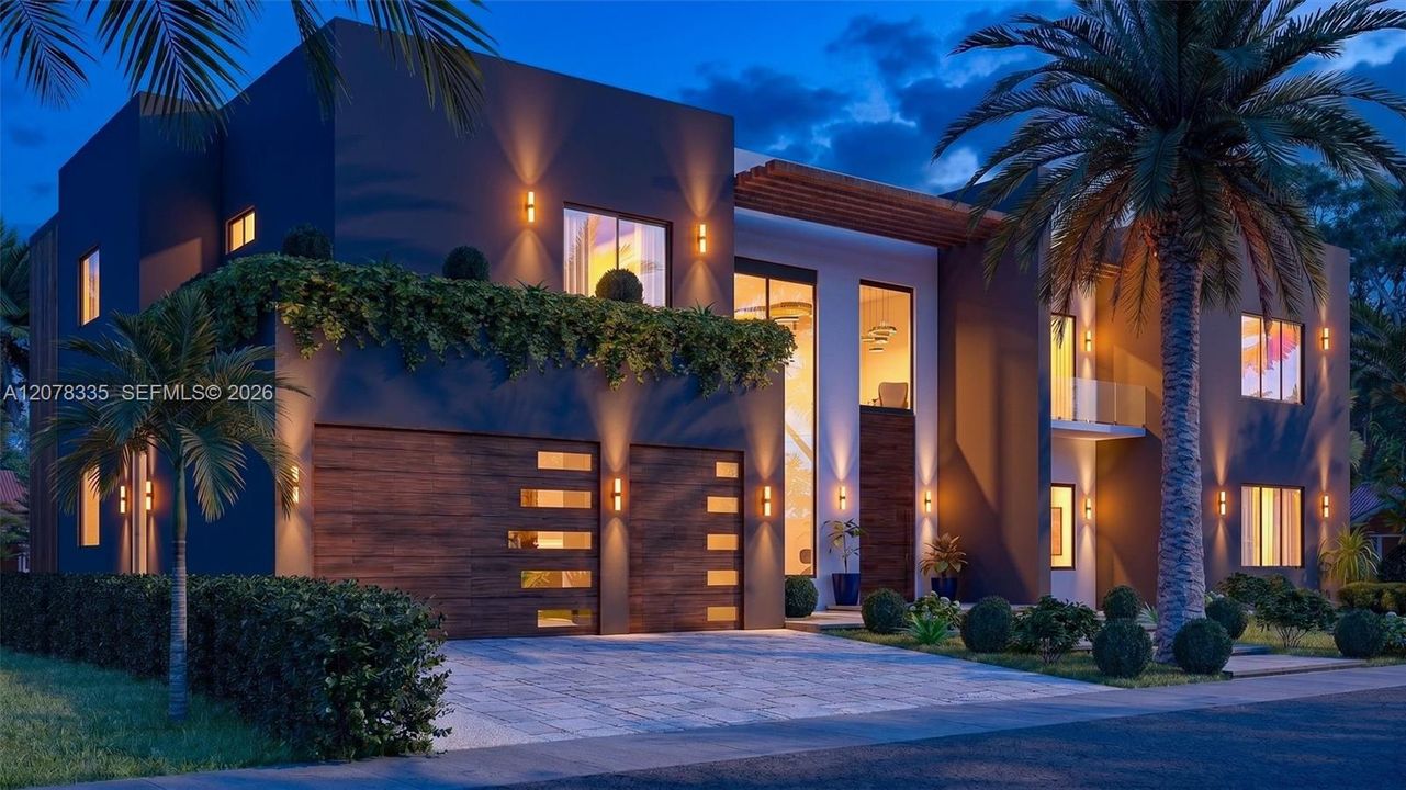 Twilight exterior view showcasing the home's warm ambient lighting and modern design.