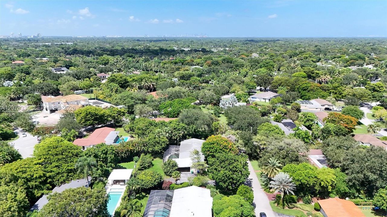 Wide aerial shot capturing the neighborhood's lush greenery and the home's prime setting.