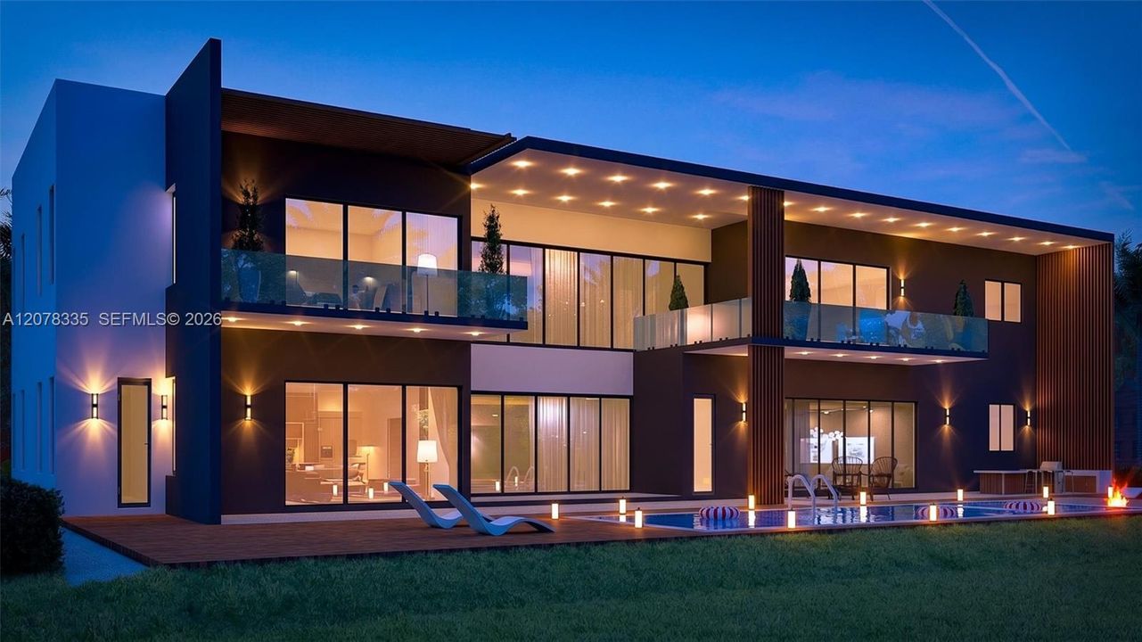 Stunning twilight view of the rear pool area and glass-walled modern architecture.