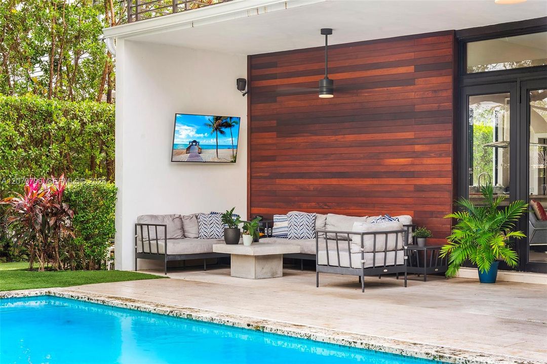 Pool, outdoor covered patio & TV area