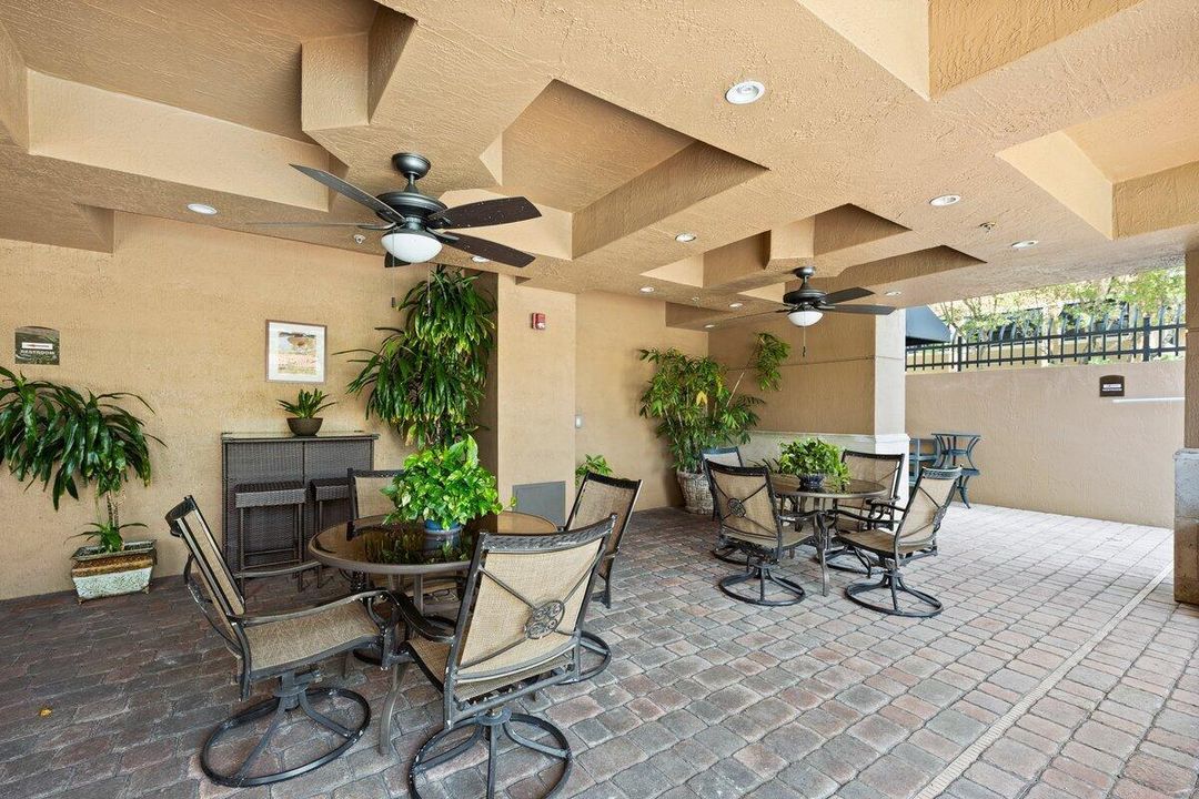 Poolside seating area & bathrooms