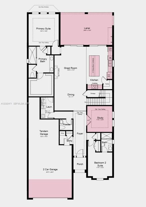 First Floor Plan - Additional Highlights Include: gourmet kitchen, 4' garage extension, 8' interior doors, covered extended lanai, outdoor kitchen rough-in, and impact windows throughout the whole house