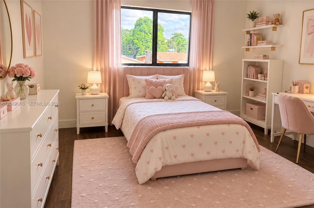 AI Generated Bedroom featuring wood-finish flooring, a large window with black trim, and wall-mounted shelving