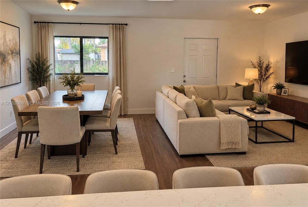 AI Generated Open-concept living space featuring wood-finish flooring, a neutral color palette, dual flush-mount ceiling light fixtures, a multi-pane window, and a white six-panel door