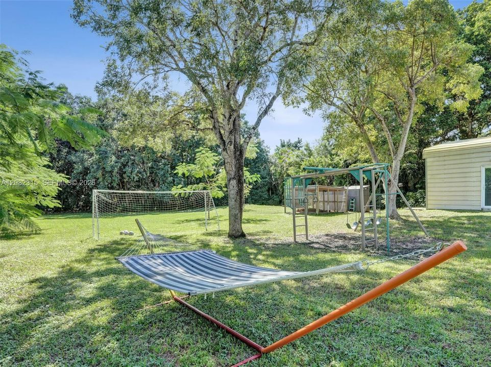 Expansive backyard featuring a large grass lawn, mature shade trees, and perimeter foliage