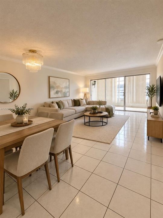 Virtually staged living and dining area. Residence offered unfurnished.