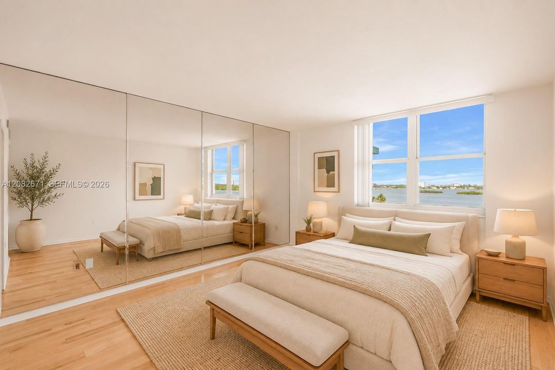 Second bedroom, digitally staged, also with water views.