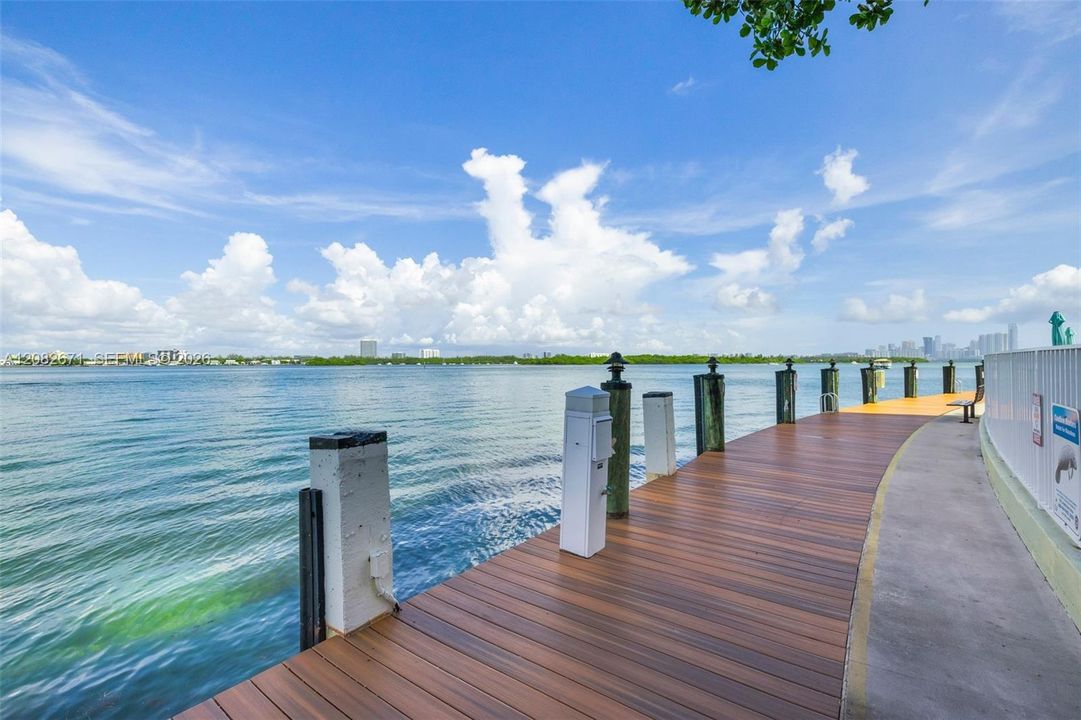 Private waterfront boardwalk and community boat dock, Miami skyline in the distance.