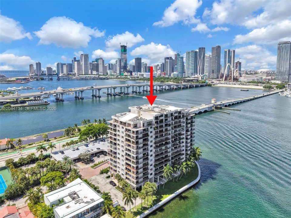 Views to Downtown Miami & to the Iconic six-arched landmark rising over Biscayne Boulevard in downtown Miami  officially known as The Fountain