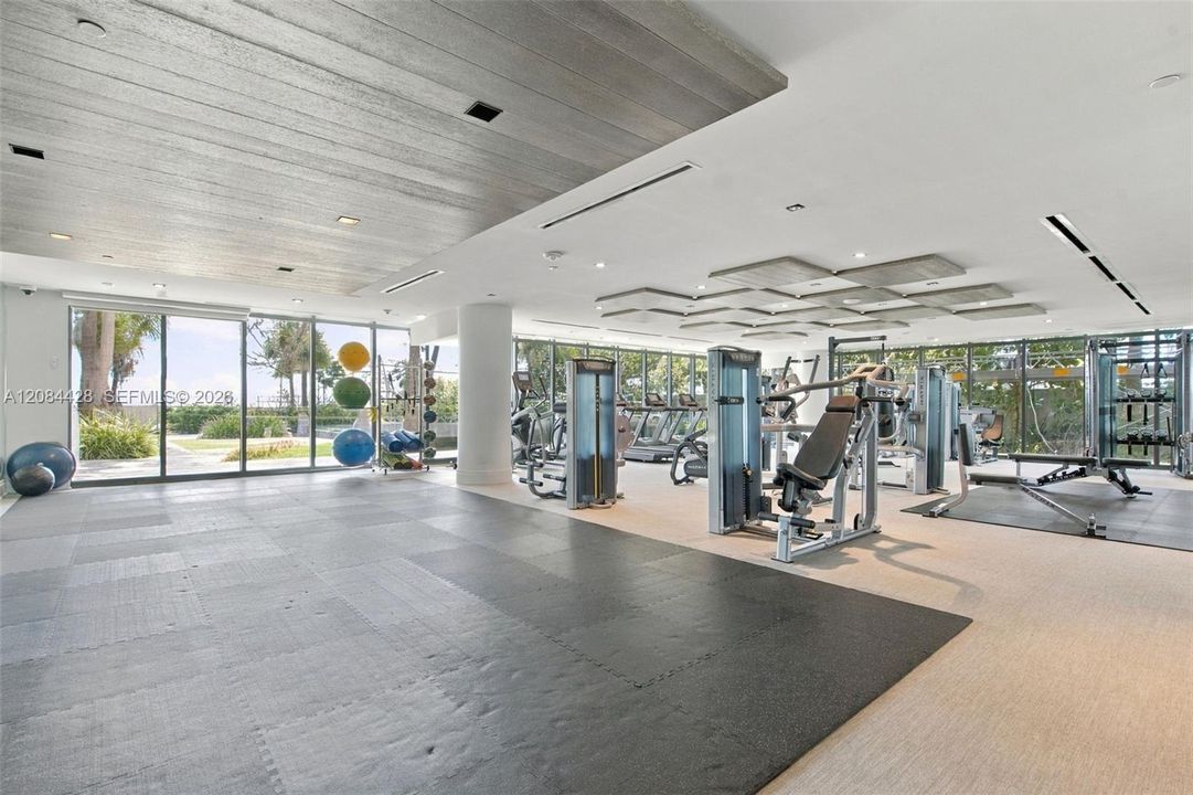 Spacious light-filled fitness center with modern exercise equipment.