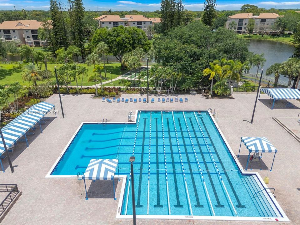 Resort-style community pool surrounded by lush landscaping — perfect for relaxing and enjoying sunny Florida days.