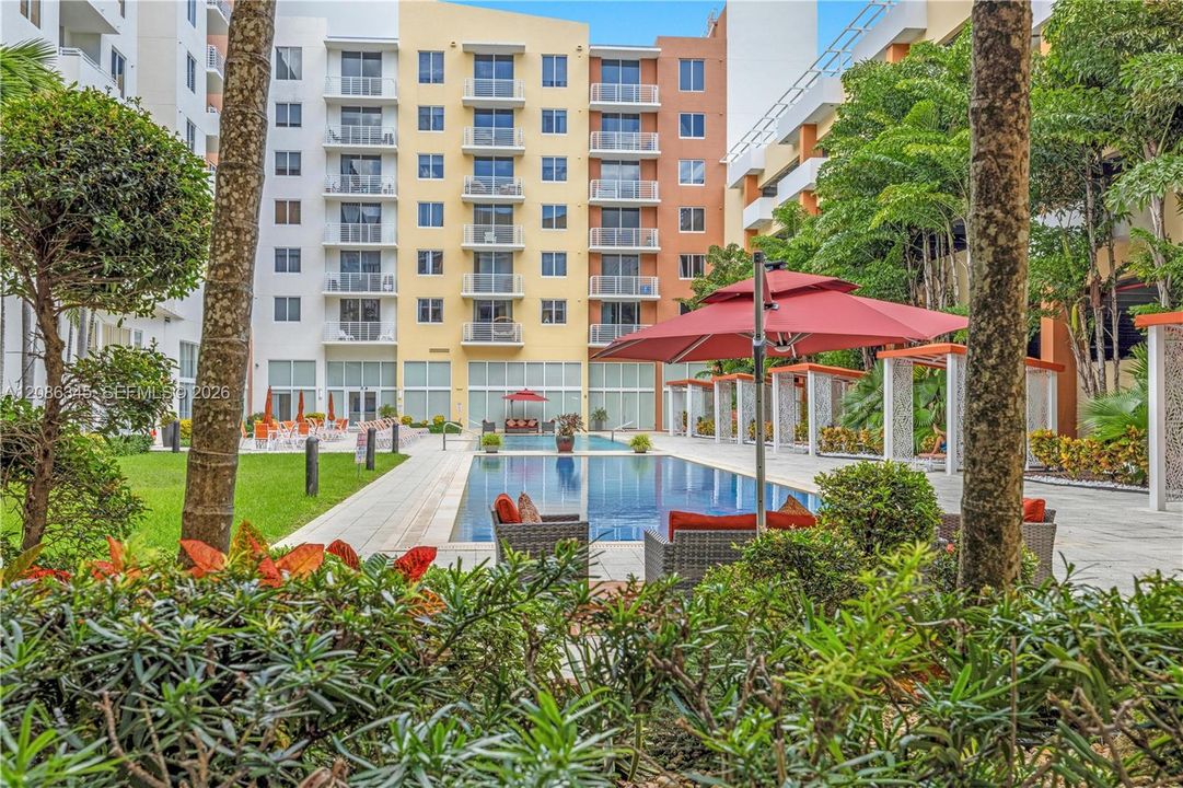 Pool and garden view from unit