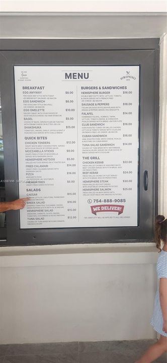 Ocean side pool snack bar  menu