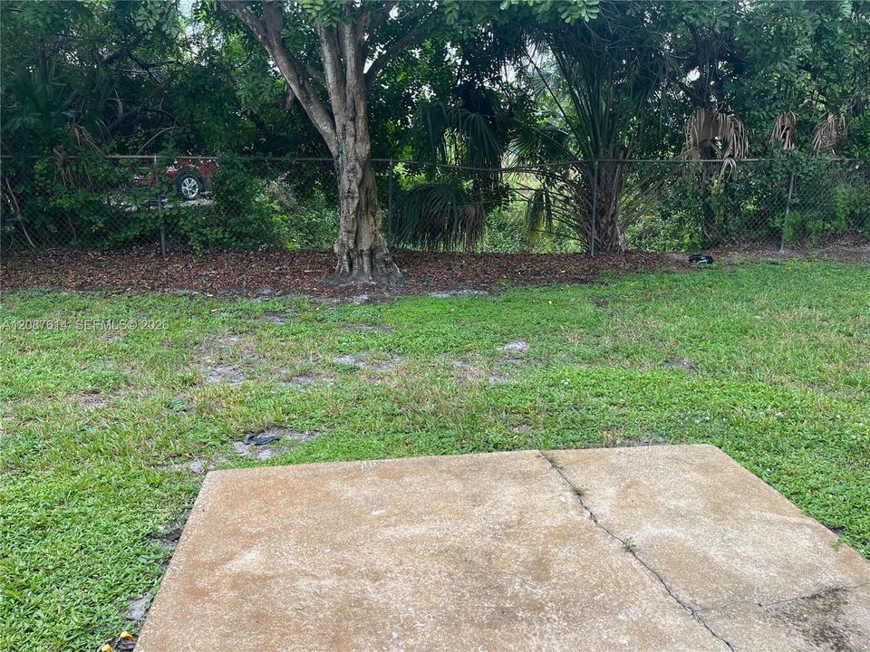 Concrete patio with expansive grass yard and perimeter chain-link fencing, featuring mature trees