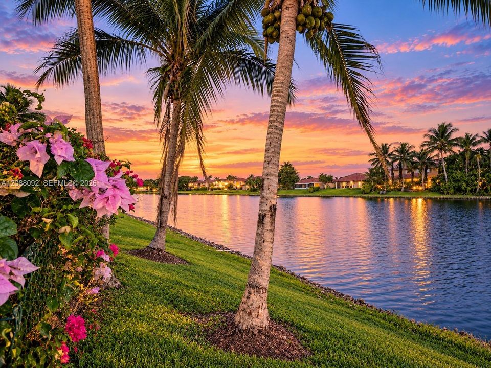 Framed by swaying palms and lush tropical greenery.