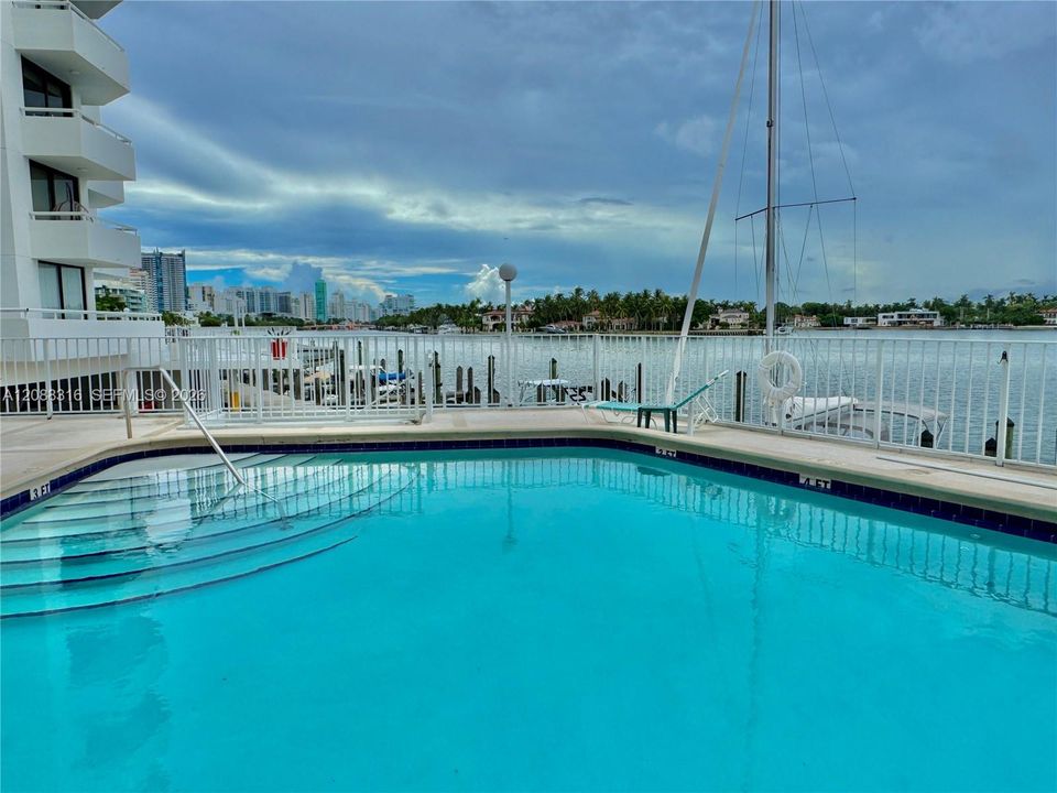 Pool deck on the water.