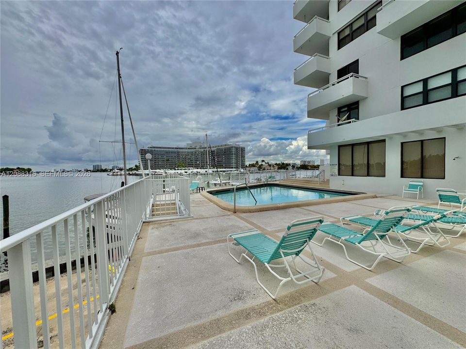 Pool deck on the water.