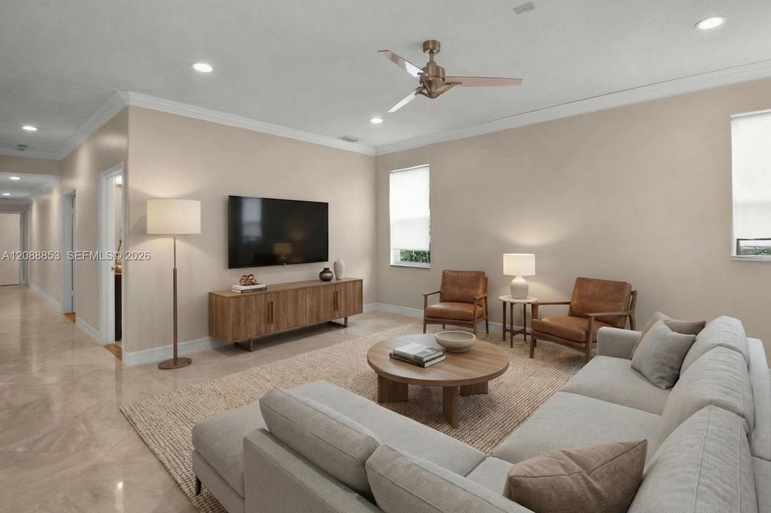 Virtual staging. Spacious family room with full impact windows and natural lightimpact windows