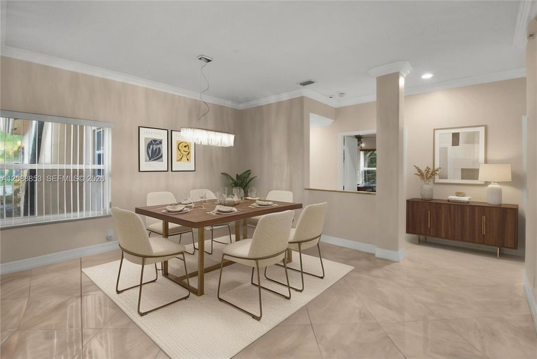 Virtual staging. Large dining area with full impact windows and abundant light