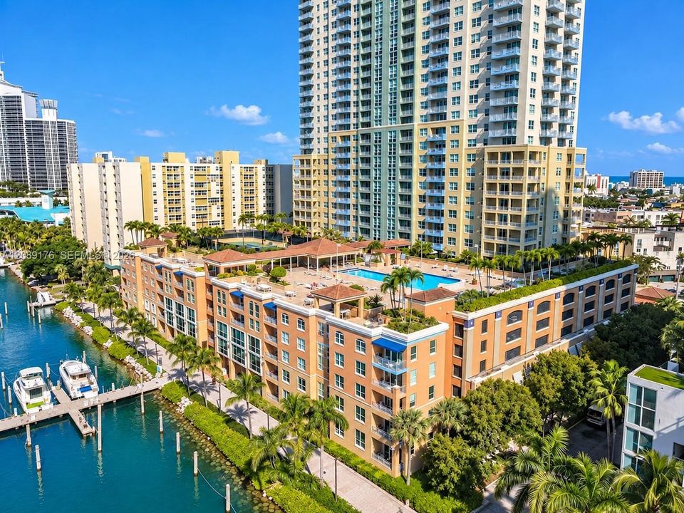 Aerial view of Yacht Club at Portofino, marina, and Biscayne Bay