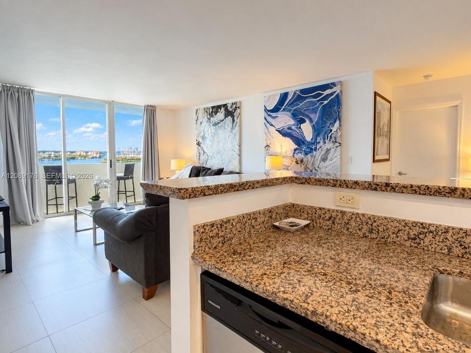 Kitchen counter workspace overlooking the main living area