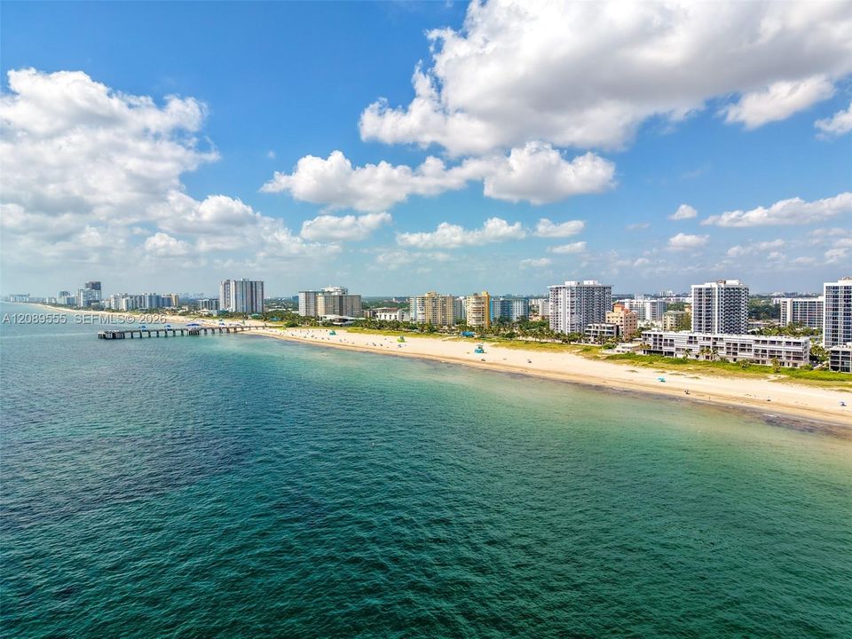 Pompano Beach coastline and pier, looking south.