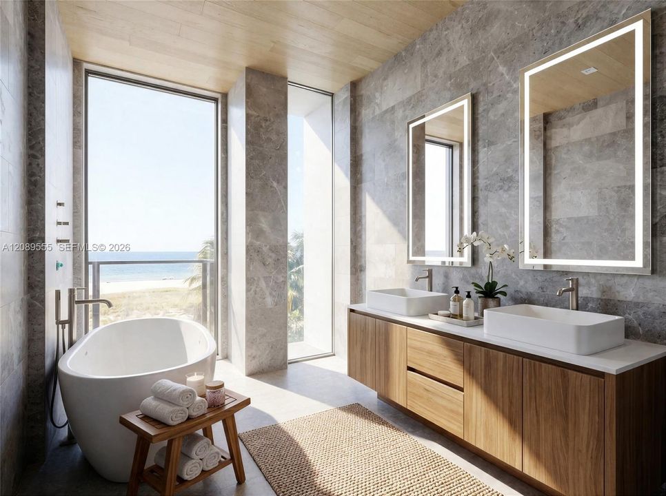 Rendering, virtually staged. Primary bath.