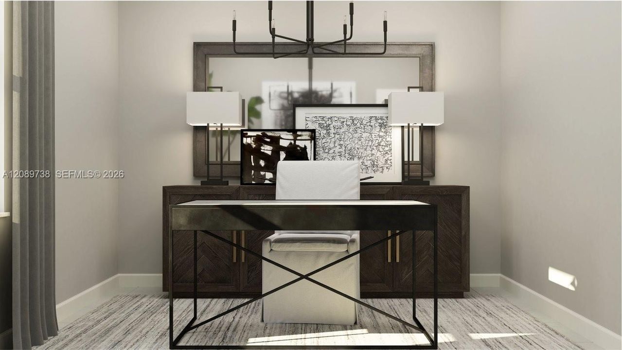 Located just before the Great Room area is a den, offering enhanced flexibility to be used as a media room, additional bedroom or home office, as shown here.
