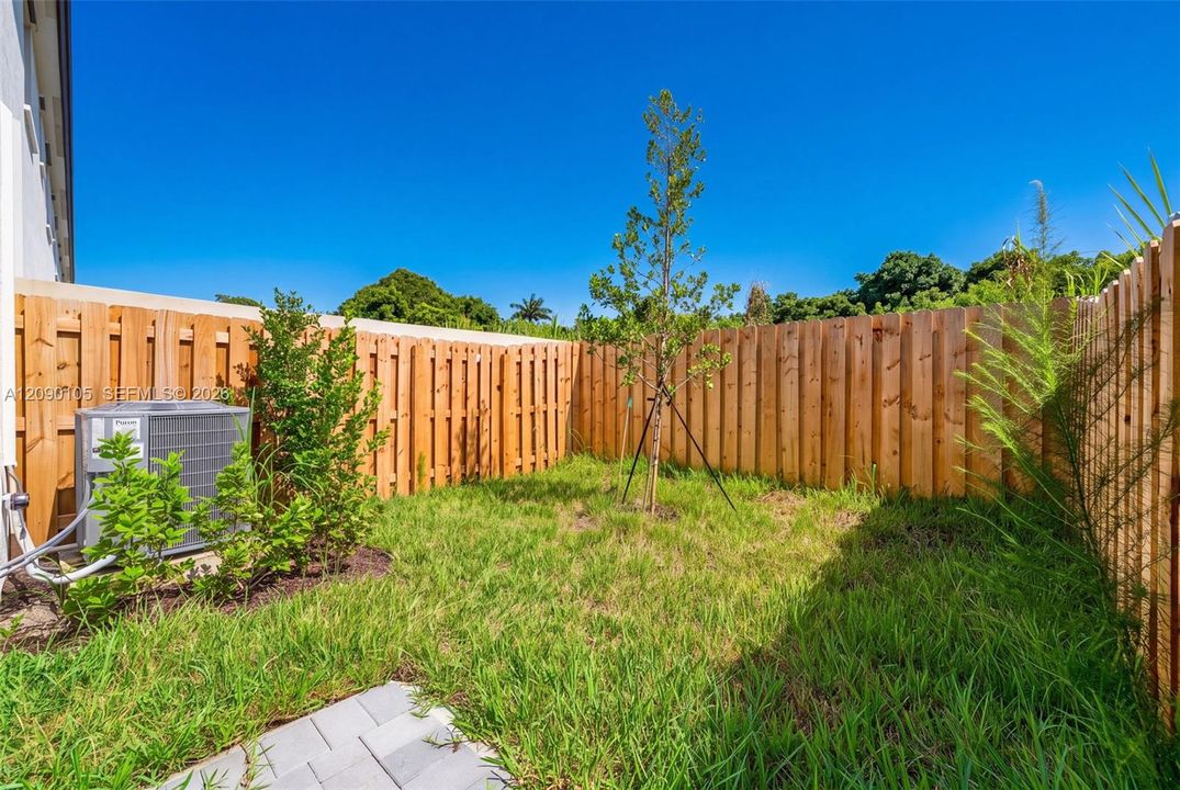 Private backyard enclosed by wood privacy fencing, featuring grass lawn, young landscape tree, and concrete paver area
